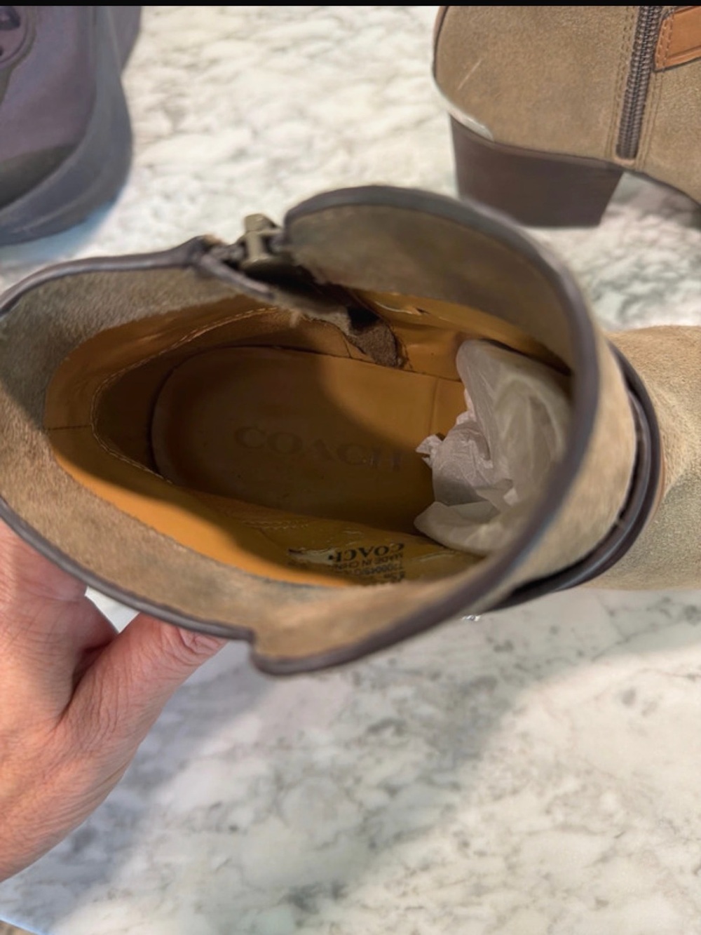 Coach Tan Suede Ankle Booties with Cognac Leather Straps - Picture 5 of 7